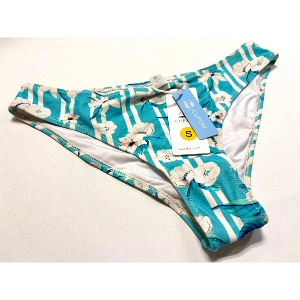 Cupshe Blue Floral Bikini Bottom Small NWT‎ Striped Tropical